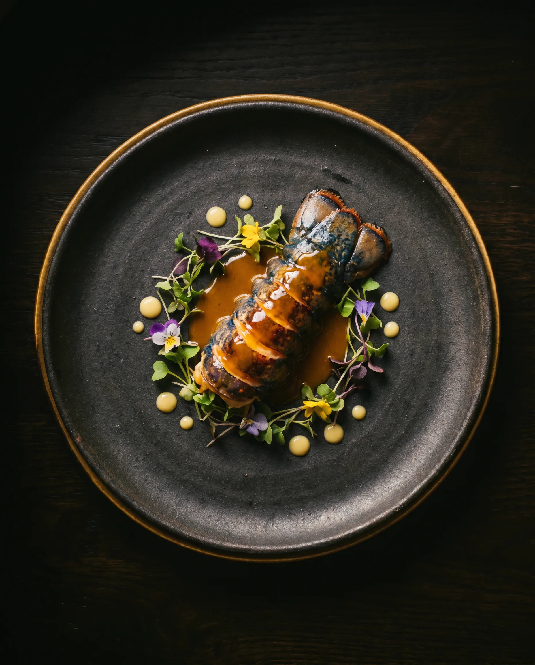 Queue de homard bleu laquée, safran, fleurs comestibles sur assiette noire