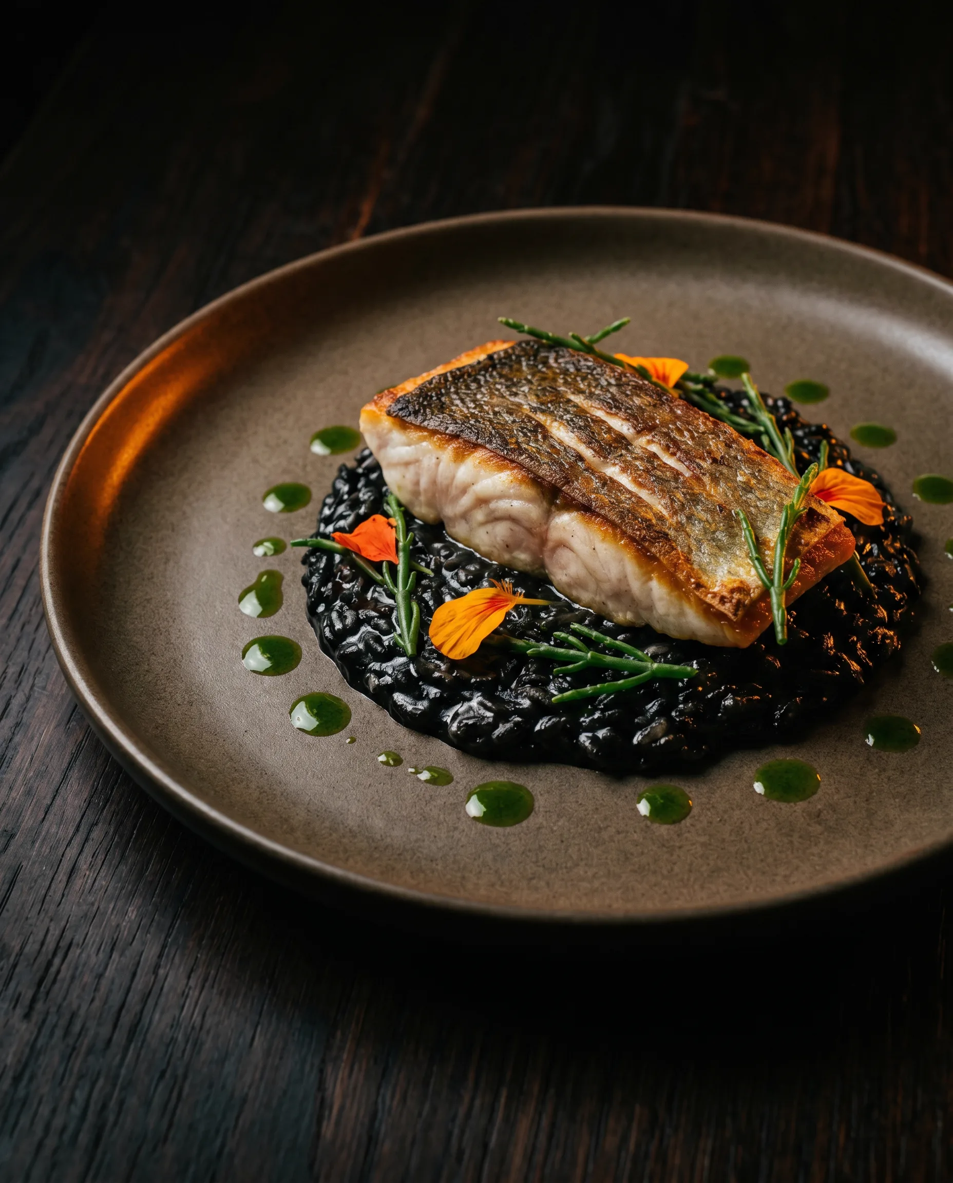 Filet de bar sur lit de risotto encre de seiche, fleurs oranges et salicorne
